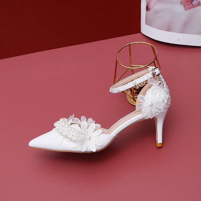 VougeVamp Designer Handmade Sweet White Satin Bridal Sandals – Pointed Toe Stiletto Heels with Lace Flower & Pearl Ankle Strap