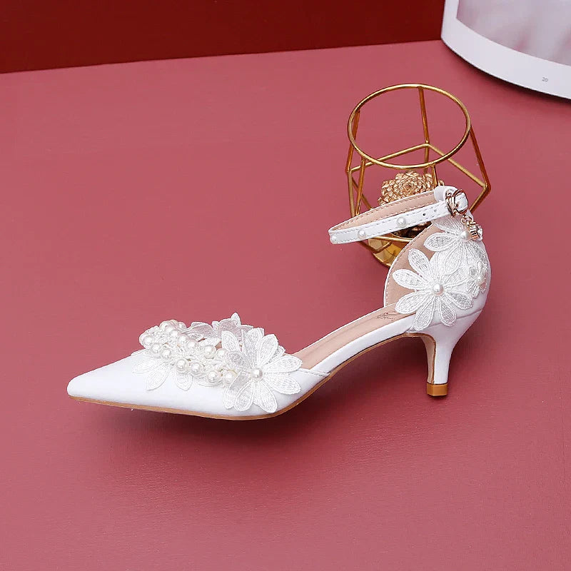 VougeVamp Designer Handmade Sweet White Satin Bridal Sandals – Pointed Toe Stiletto Heels with Lace Flower & Pearl Ankle Strap