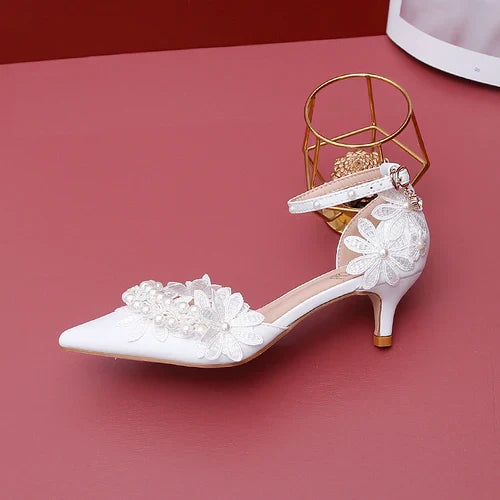 VougeVamp Designer Handmade Sweet White Satin Bridal Sandals – Pointed Toe Stiletto Heels with Lace Flower & Pearl Ankle Strap
