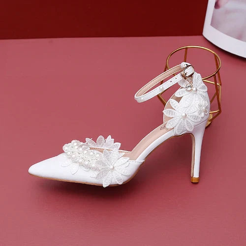 VougeVamp Designer Handmade Sweet White Satin Bridal Sandals – Pointed Toe Stiletto Heels with Lace Flower & Pearl Ankle Strap