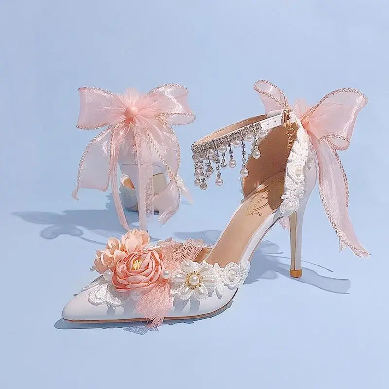 VougeVamp Lolita Bridal High Heels – Pink Pearl Rhinestone Wedding Shoes with Sweet Floral Knot Design
