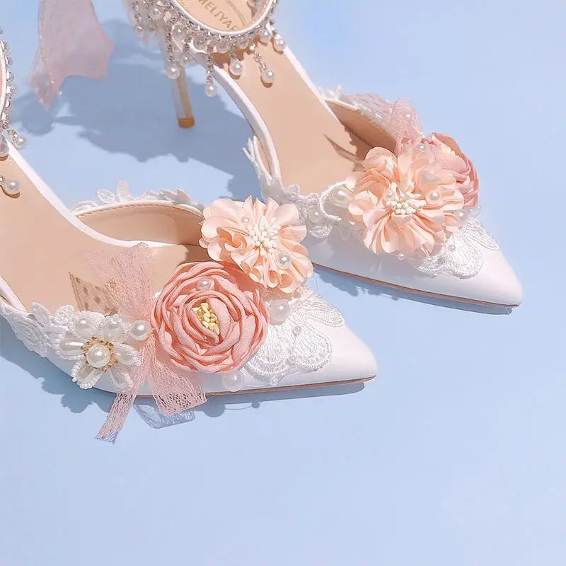 VougeVamp Lolita Bridal High Heels – Pink Pearl Rhinestone Wedding Shoes with Sweet Floral Knot Design