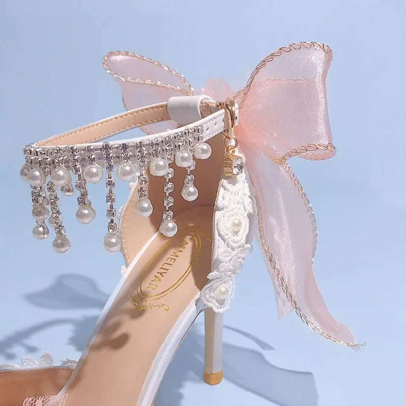 VougeVamp Lolita Bridal High Heels – Pink Pearl Rhinestone Wedding Shoes with Sweet Floral Knot Design
