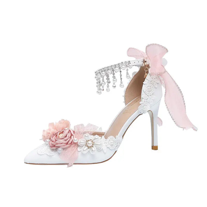VougeVamp Lolita Bridal High Heels – Pink Pearl Rhinestone Wedding Shoes with Sweet Floral Knot Design