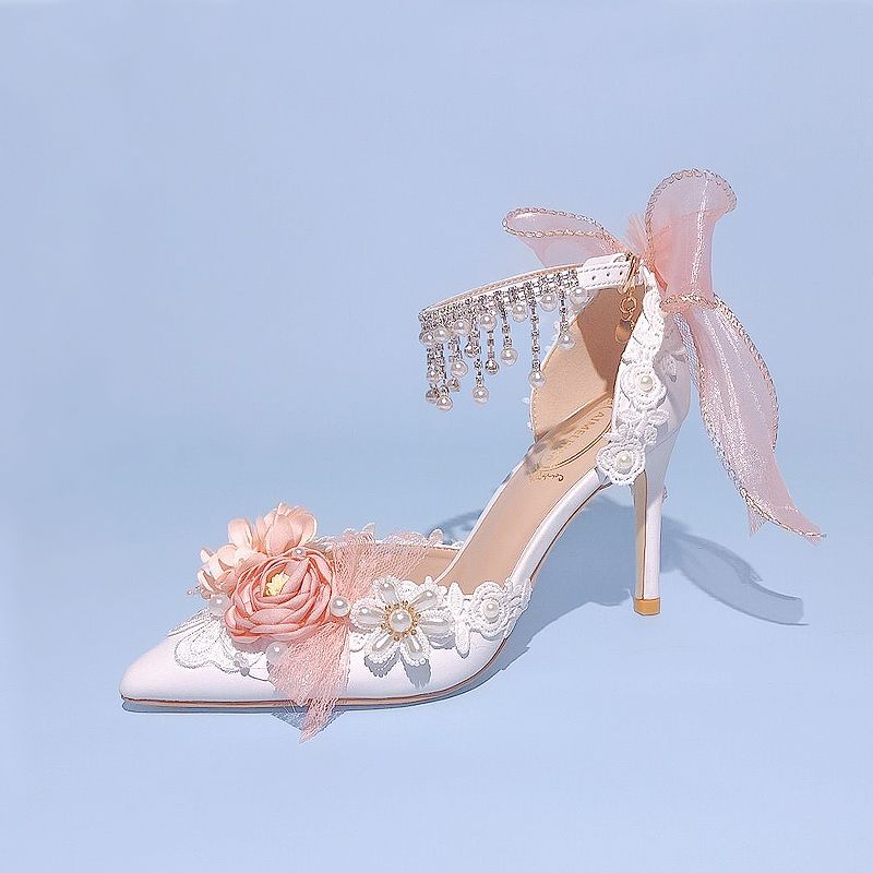 VougeVamp Lolita Bridal High Heels – Pink Pearl Rhinestone Wedding Shoes with Sweet Floral Knot Design