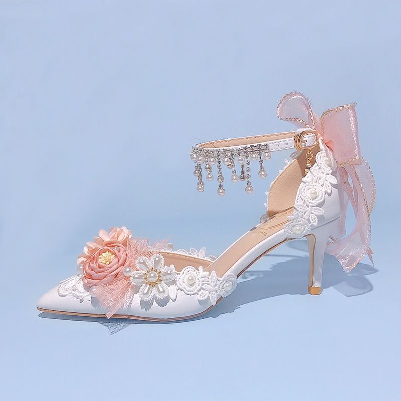 VougeVamp Lolita Bridal High Heels – Pink Pearl Rhinestone Wedding Shoes with Sweet Floral Knot Design
