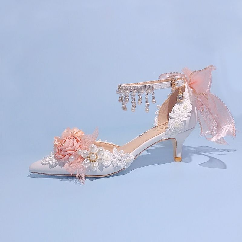 VougeVamp Lolita Bridal High Heels – Pink Pearl Rhinestone Wedding Shoes with Sweet Floral Knot Design