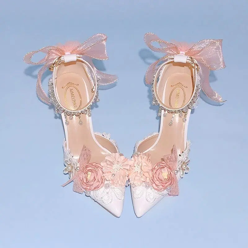 VougeVamp Lolita Bridal High Heels – Pink Pearl Rhinestone Wedding Shoes with Sweet Floral Knot Design