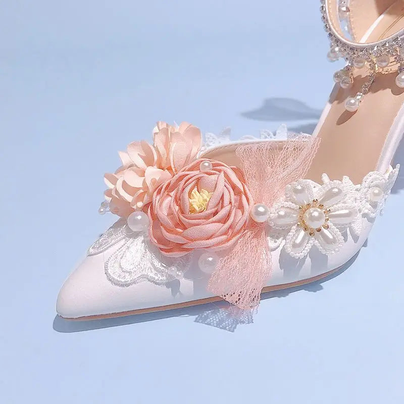 VougeVamp Lolita Bridal High Heels – Pink Pearl Rhinestone Wedding Shoes with Sweet Floral Knot Design