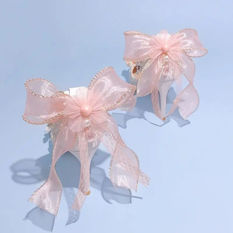 VougeVamp Lolita Bridal High Heels – Pink Pearl Rhinestone Wedding Shoes with Sweet Floral Knot Design