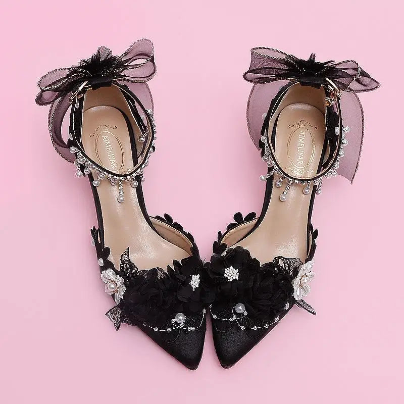 VougeVamp Lolita Bridal High Heels – Pink Pearl Rhinestone Wedding Shoes with Sweet Floral Knot Design