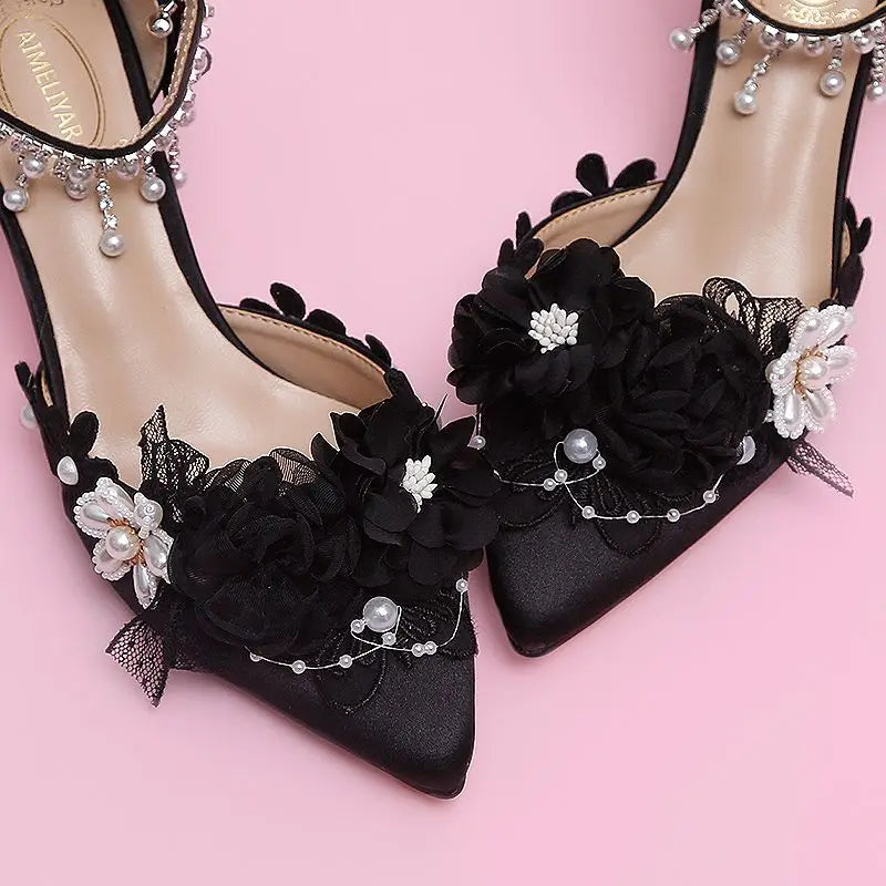 VougeVamp Lolita Bridal High Heels – Pink Pearl Rhinestone Wedding Shoes with Sweet Floral Knot Design