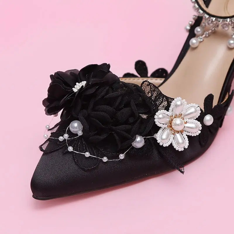 VougeVamp Lolita Bridal High Heels – Pink Pearl Rhinestone Wedding Shoes with Sweet Floral Knot Design