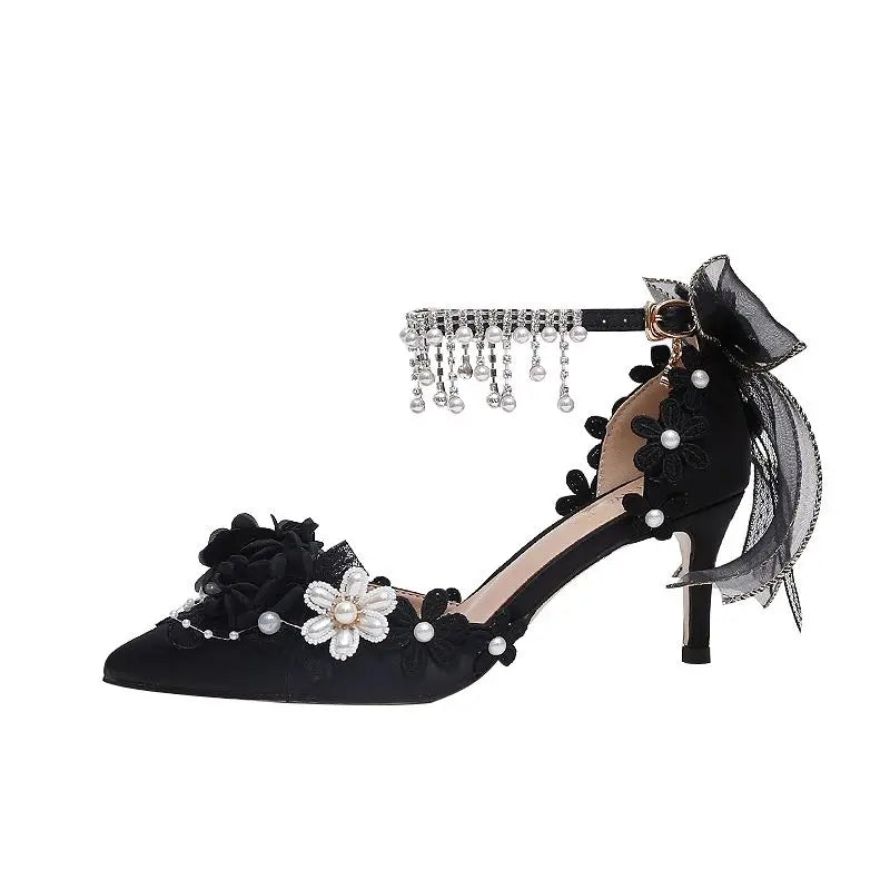 VougeVamp Lolita Bridal High Heels – Pink Pearl Rhinestone Wedding Shoes with Sweet Floral Knot Design