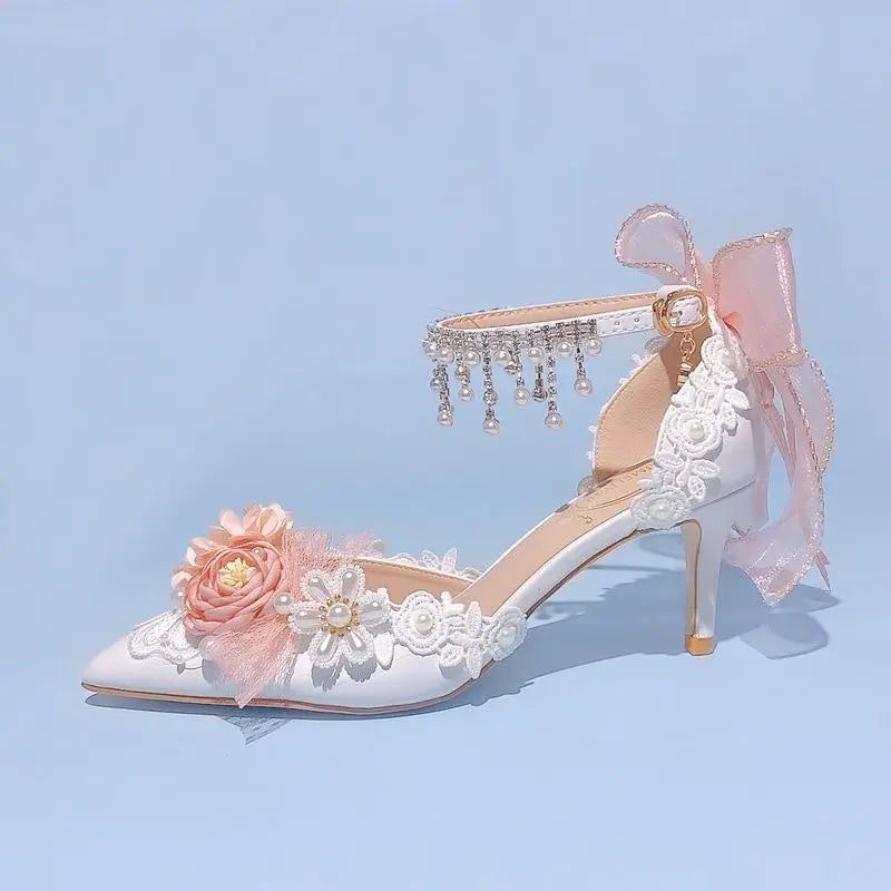 VougeVamp Lolita Bridal High Heels – Pink Pearl Rhinestone Wedding Shoes with Sweet Floral Knot Design