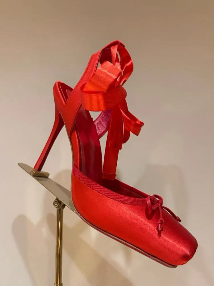 VougeVamp Square Satin High Heel Sandals for Women - Elegant Ankle Strap Thin Heel Party and Banquet Ballet Pumps