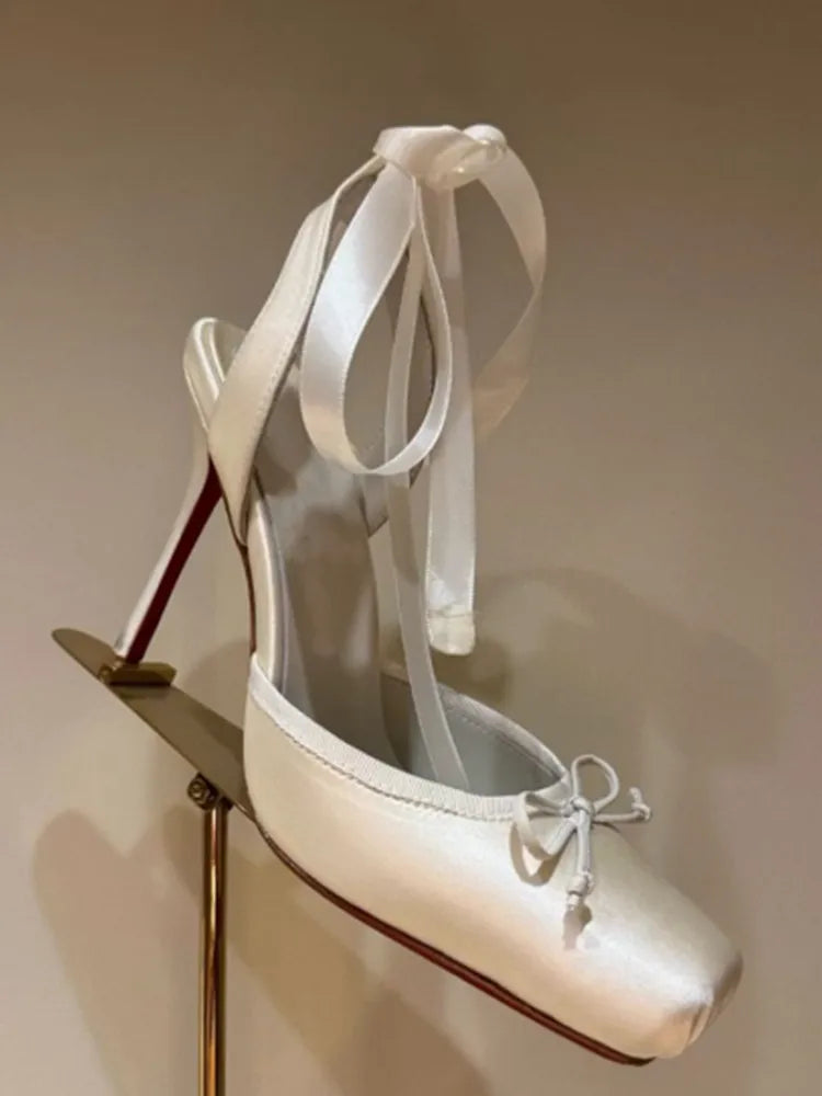 VougeVamp Square Satin High Heel Sandals for Women - Elegant Ankle Strap Thin Heel Party and Banquet Ballet Pumps