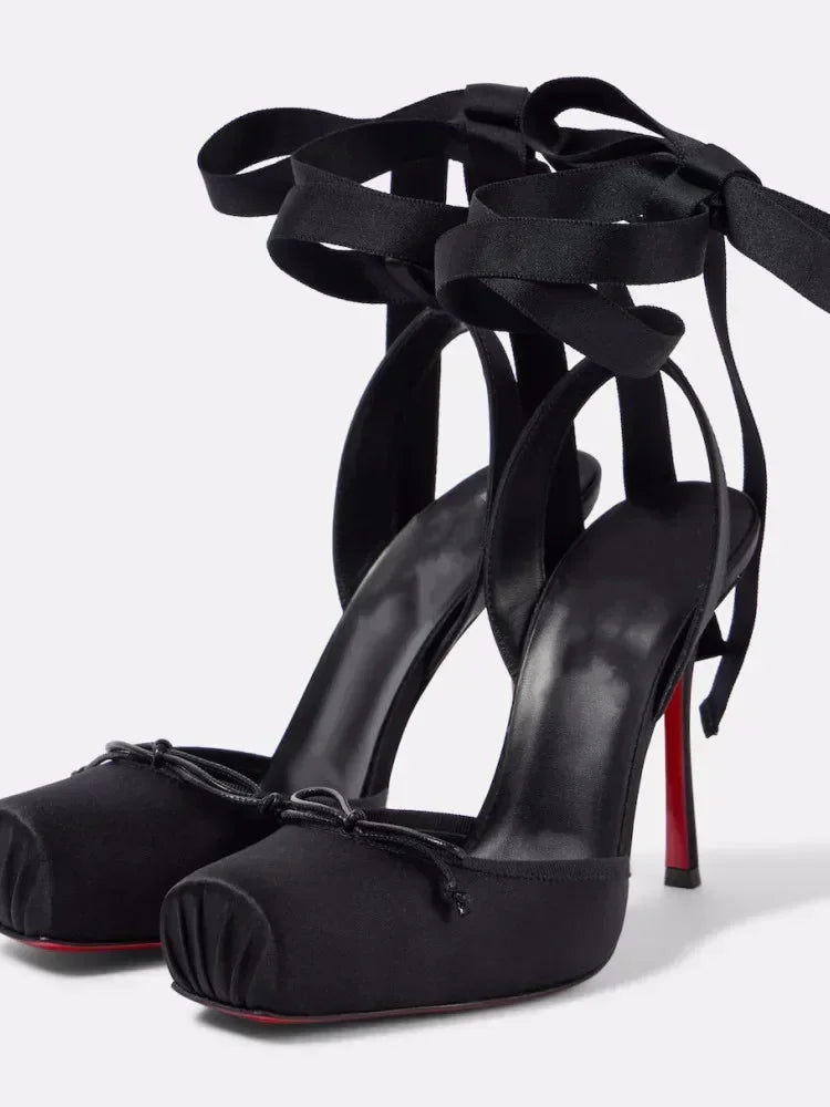 VougeVamp Square Satin High Heel Sandals for Women - Elegant Ankle Strap Thin Heel Party and Banquet Ballet Pumps