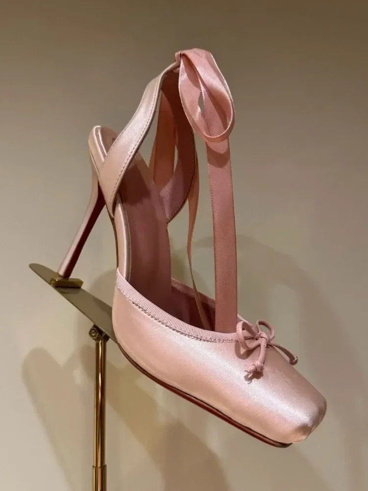 VougeVamp Square Satin High Heel Sandals for Women - Elegant Ankle Strap Thin Heel Party and Banquet Ballet Pumps
