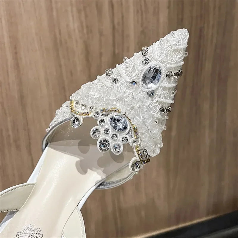 VougeVamp White Pearl High Heel Party Sandals for Women - Elegant Thin Heel Rear Strap Buckle Comfort Pumps