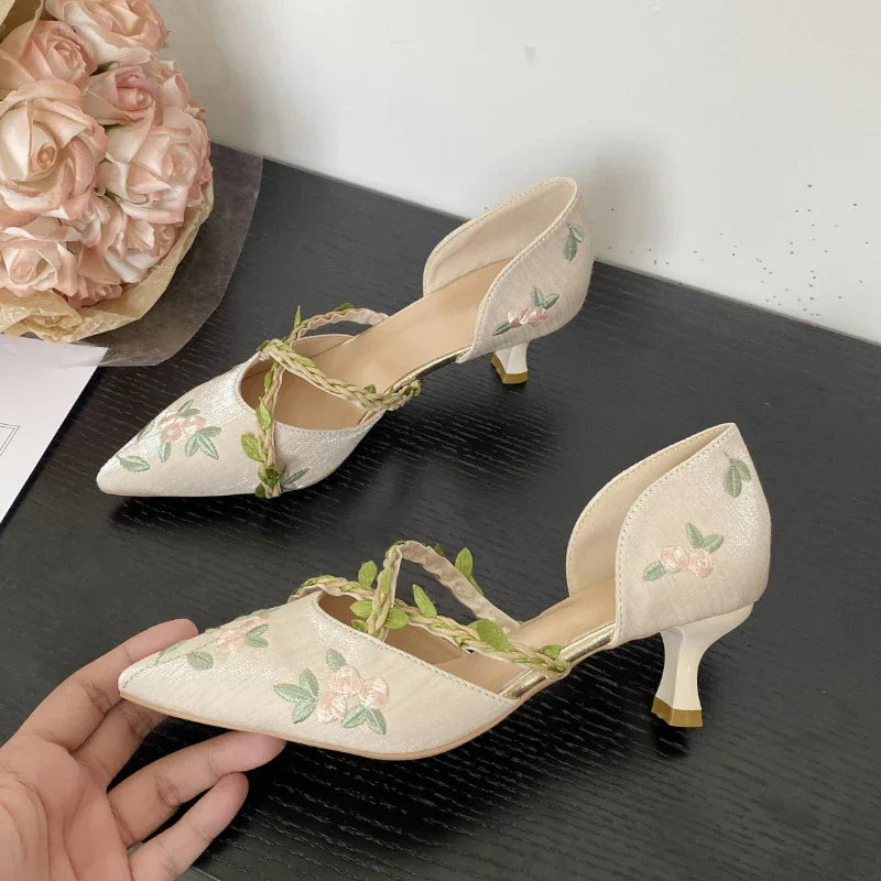 Women's Pointed Toe Embroidered Sandals – Stylish High Heel Braided Casual Shoes for a Chic & Elegant Look