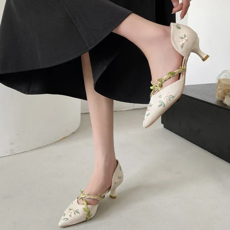 Women's Pointed Toe Embroidered Sandals – Stylish High Heel Braided Casual Shoes for a Chic & Elegant Look