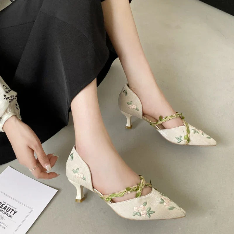 Women's Pointed Toe Embroidered Sandals – Stylish High Heel Braided Casual Shoes for a Chic & Elegant Look