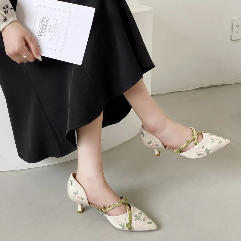 Women's Pointed Toe Embroidered Sandals – Stylish High Heel Braided Casual Shoes for a Chic & Elegant Look