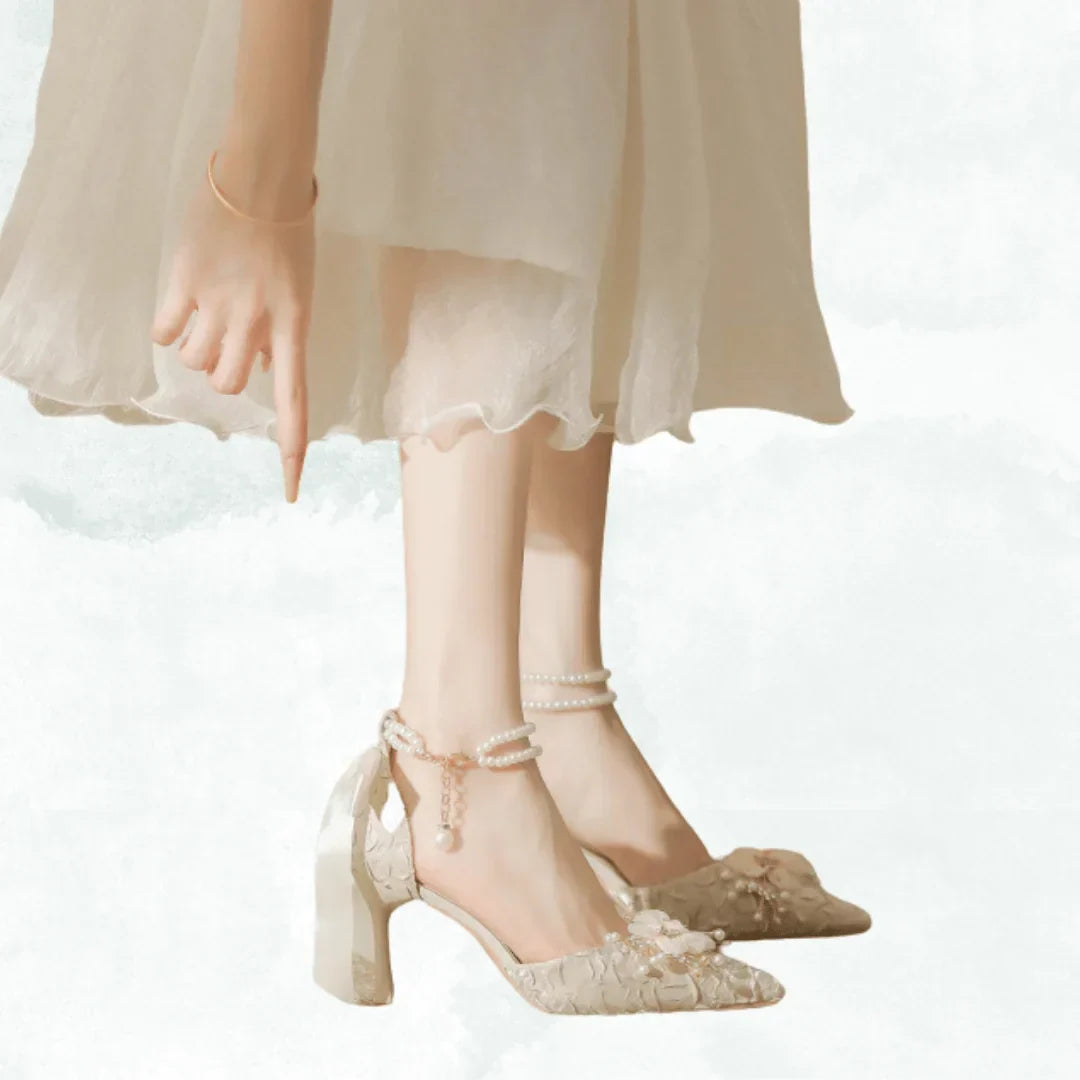 VougeVamp Designer Luxury Bridal Sandals – Fine Heel Wedding Shoes with Pearl Buckle & Bowknot Floral Detail