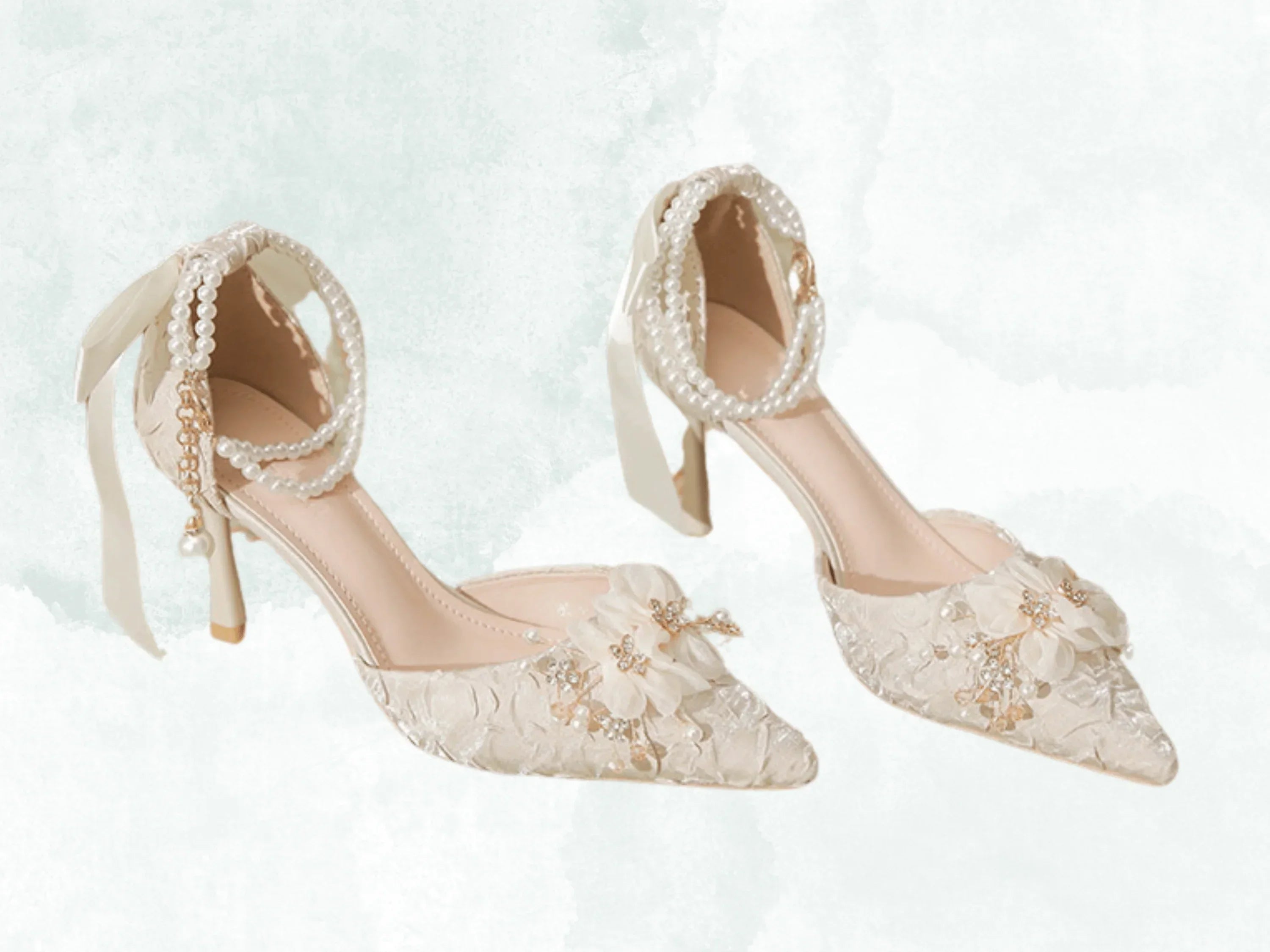 VougeVamp Designer Luxury Bridal Sandals – Fine Heel Wedding Shoes with Pearl Buckle & Bowknot Floral Detail