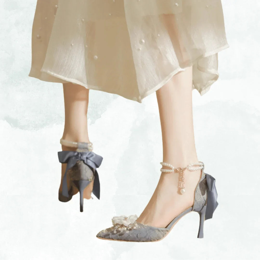 VougeVamp Designer Luxury Bridal Sandals – Fine Heel Wedding Shoes with Pearl Buckle & Bowknot Floral Detail