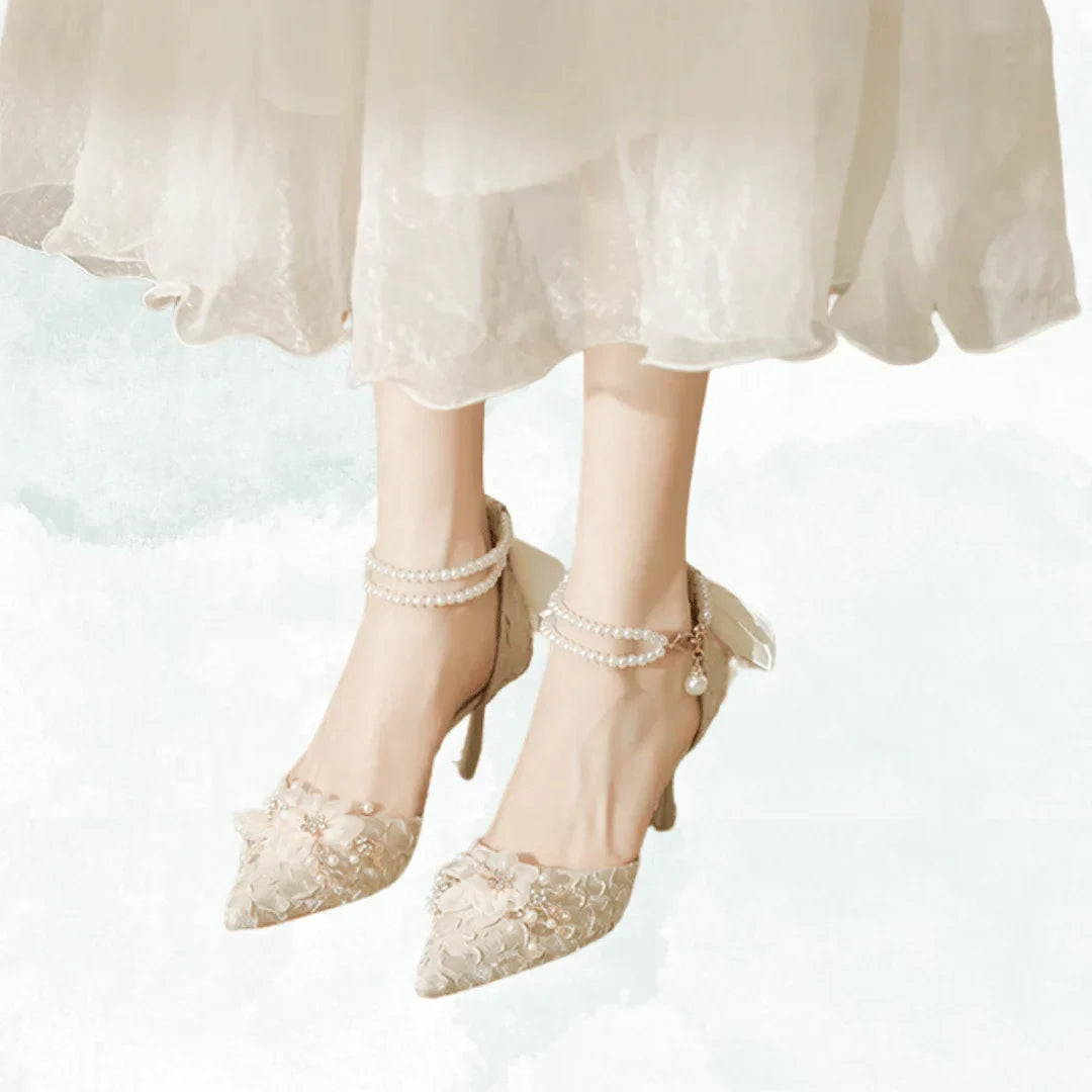 VougeVamp Designer Luxury Bridal Sandals – Fine Heel Wedding Shoes with Pearl Buckle & Bowknot Floral Detail