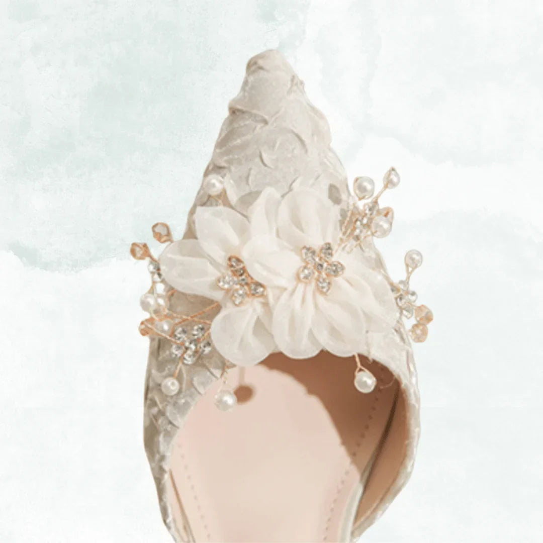 VougeVamp Designer Luxury Bridal Sandals – Fine Heel Wedding Shoes with Pearl Buckle & Bowknot Floral Detail