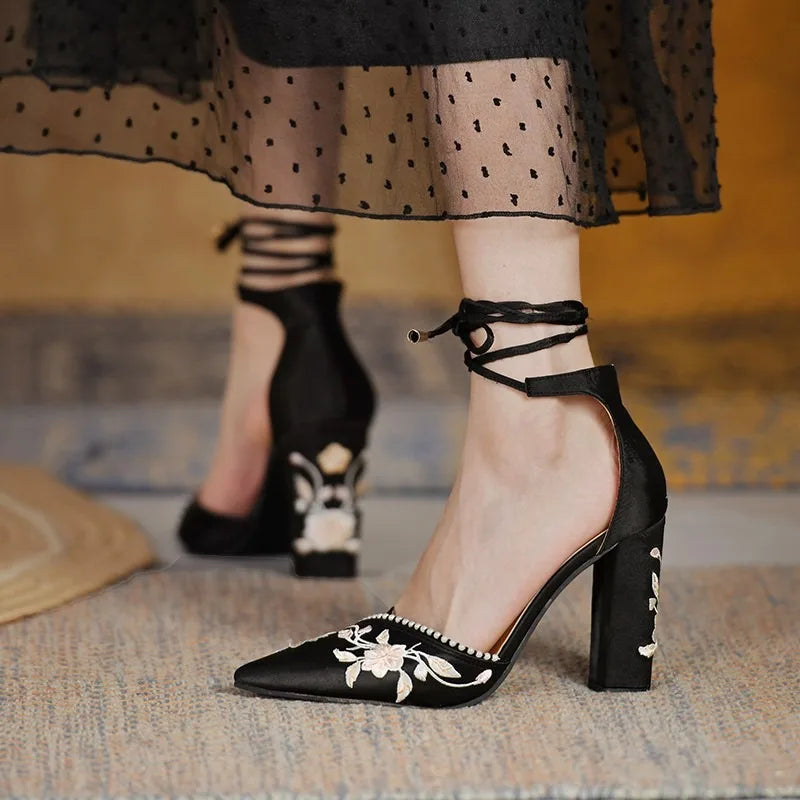 VougeVamp Women's Designer Wedding Sandals – Elegant Pointed Toe Embroidered Thick Heel Shoes with Shallow Mouth Design