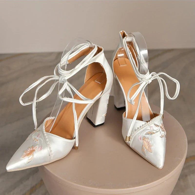 VougeVamp Women's Designer Wedding Sandals – Elegant Pointed Toe Embroidered Thick Heel Shoes with Shallow Mouth Design