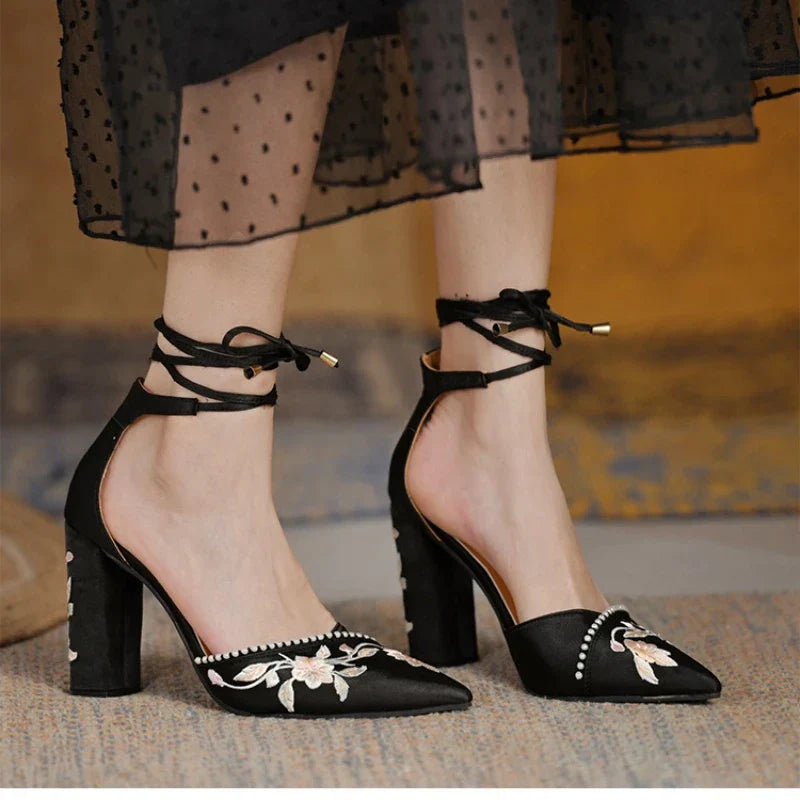 VougeVamp Women's Designer Wedding Sandals – Elegant Pointed Toe Embroidered Thick Heel Shoes with Shallow Mouth Design