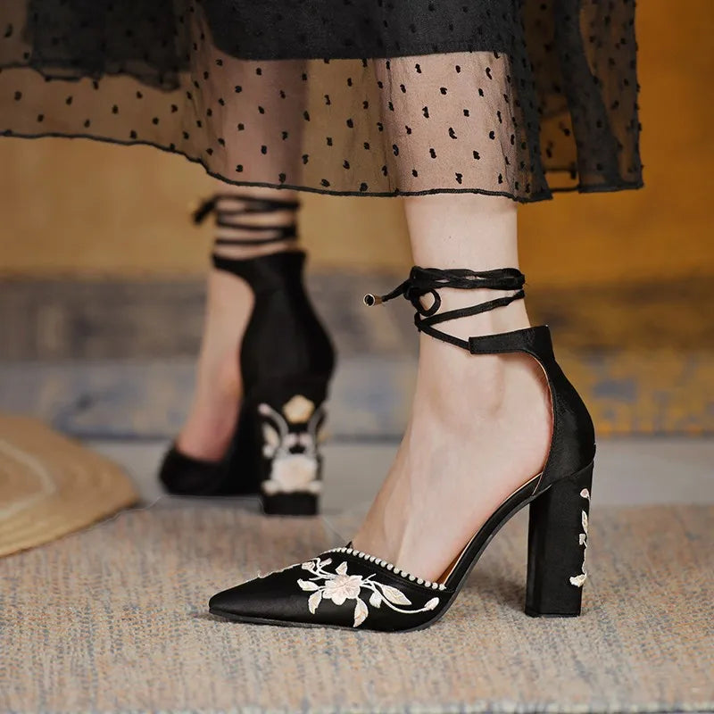 VougeVamp Women's Designer Wedding Sandals – Elegant Pointed Toe Embroidered Thick Heel Shoes with Shallow Mouth Design