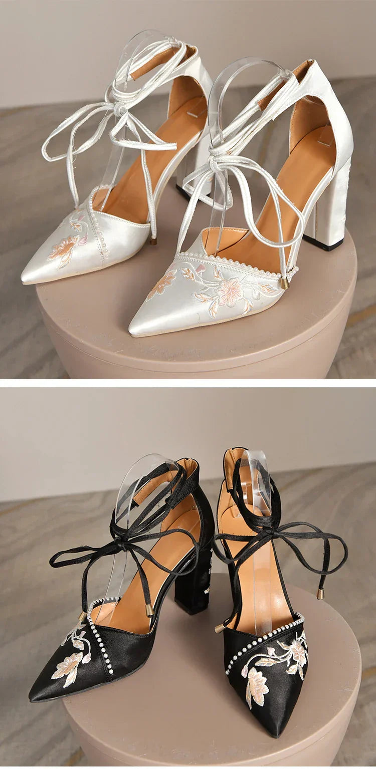 VougeVamp Women's Designer Wedding Sandals – Elegant Pointed Toe Embroidered Thick Heel Shoes with Shallow Mouth Design