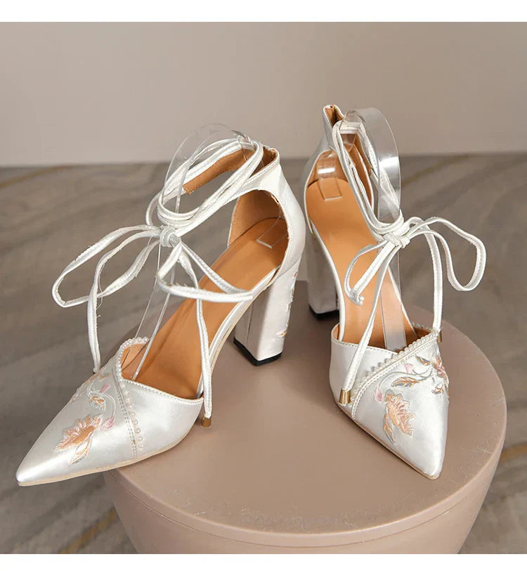VougeVamp Women's Designer Wedding Sandals – Elegant Pointed Toe Embroidered Thick Heel Shoes with Shallow Mouth Design