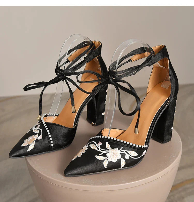 VougeVamp Women's Designer Wedding Sandals – Elegant Pointed Toe Embroidered Thick Heel Shoes with Shallow Mouth Design