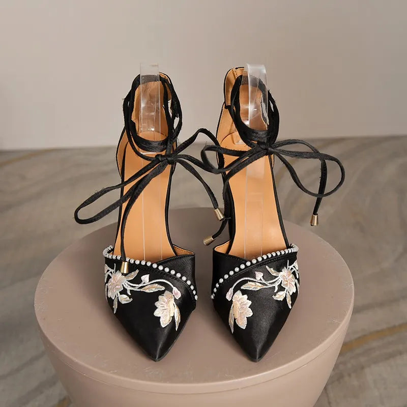 VougeVamp Women's Designer Wedding Sandals – Elegant Pointed Toe Embroidered Thick Heel Shoes with Shallow Mouth Design