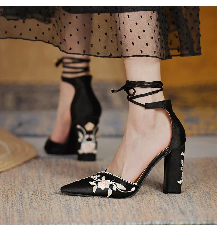 VougeVamp Women's Designer Wedding Sandals – Elegant Pointed Toe Embroidered Thick Heel Shoes with Shallow Mouth Design