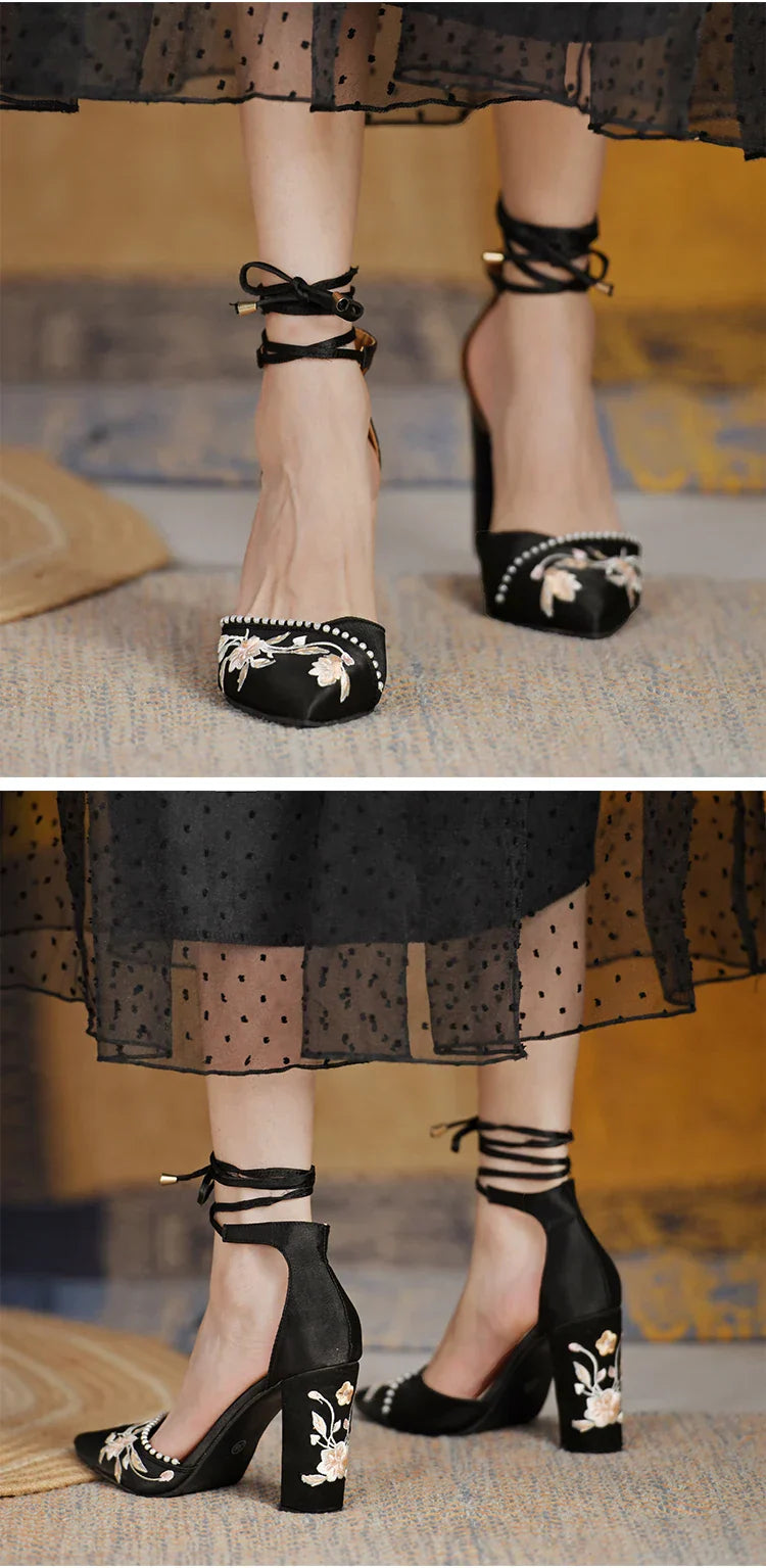 VougeVamp Women's Designer Wedding Sandals – Elegant Pointed Toe Embroidered Thick Heel Shoes with Shallow Mouth Design