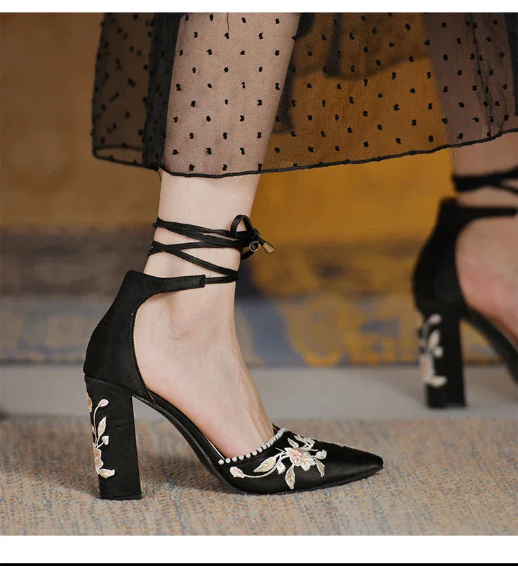 VougeVamp Women's Designer Wedding Sandals – Elegant Pointed Toe Embroidered Thick Heel Shoes with Shallow Mouth Design