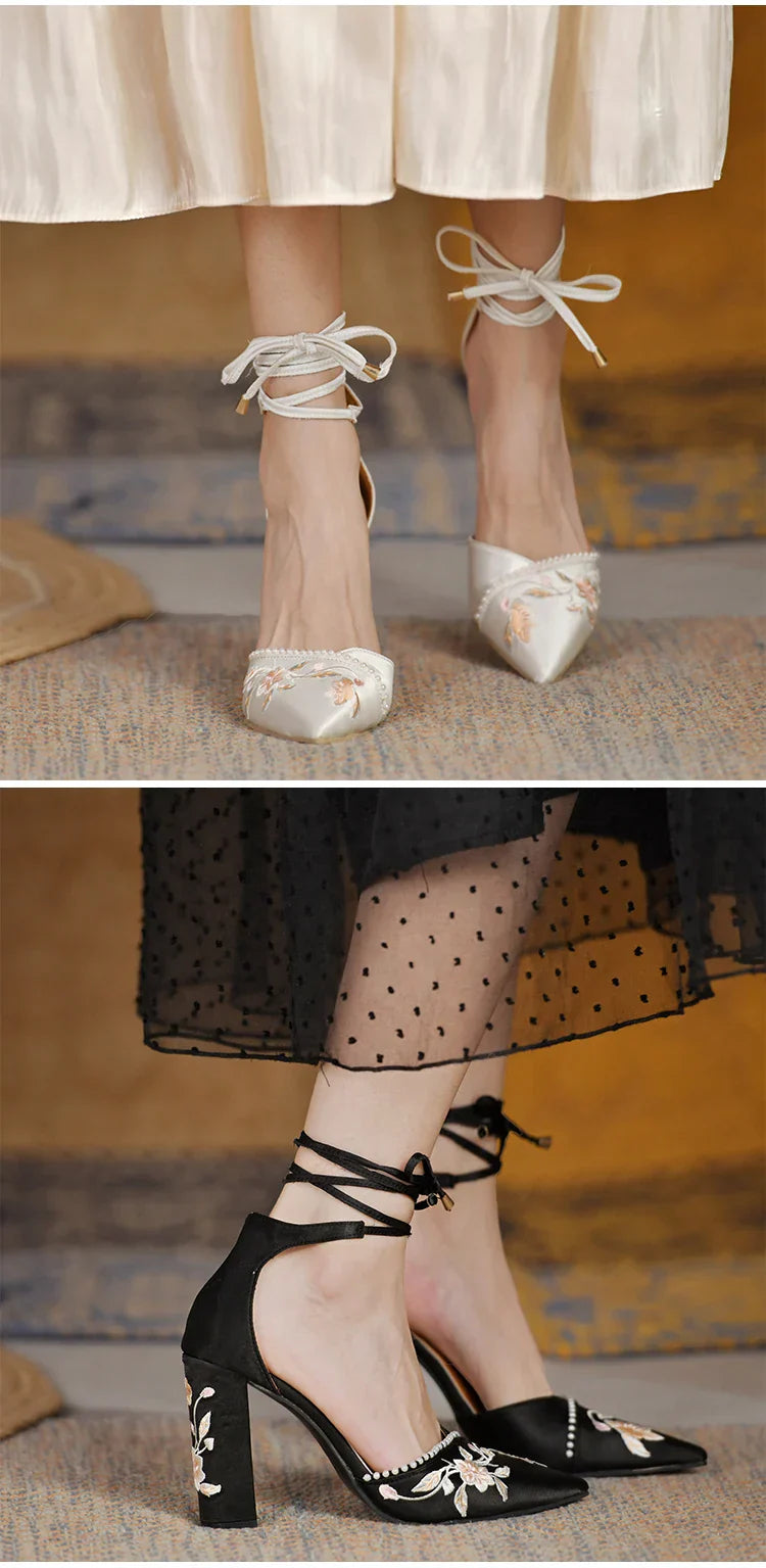 VougeVamp Women's Designer Wedding Sandals – Elegant Pointed Toe Embroidered Thick Heel Shoes with Shallow Mouth Design