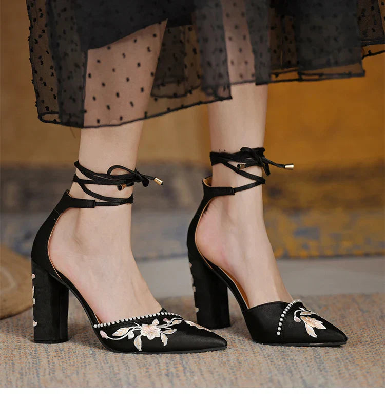 VougeVamp Women's Designer Wedding Sandals – Elegant Pointed Toe Embroidered Thick Heel Shoes with Shallow Mouth Design