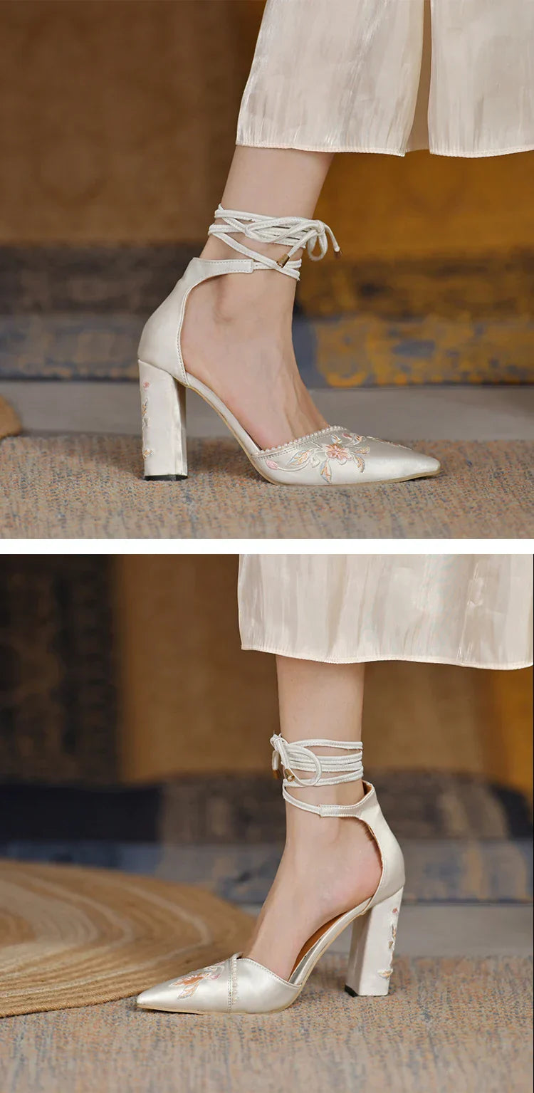 VougeVamp Women's Designer Wedding Sandals – Elegant Pointed Toe Embroidered Thick Heel Shoes with Shallow Mouth Design