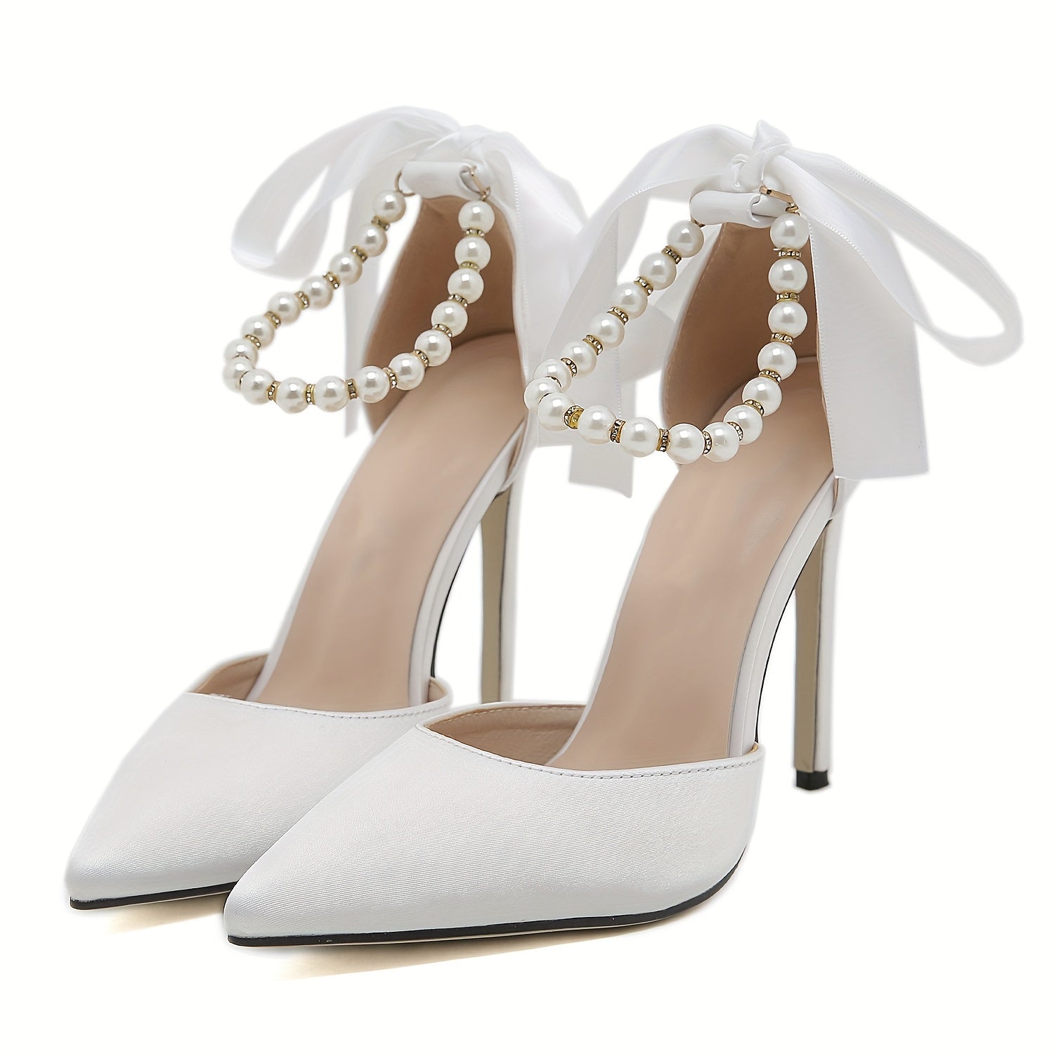 VougeVamp Elegant Satin Pointed-Toe High Heels with Faux Pearl & Bowknot – White Stiletto Wedding & Evening Shoes