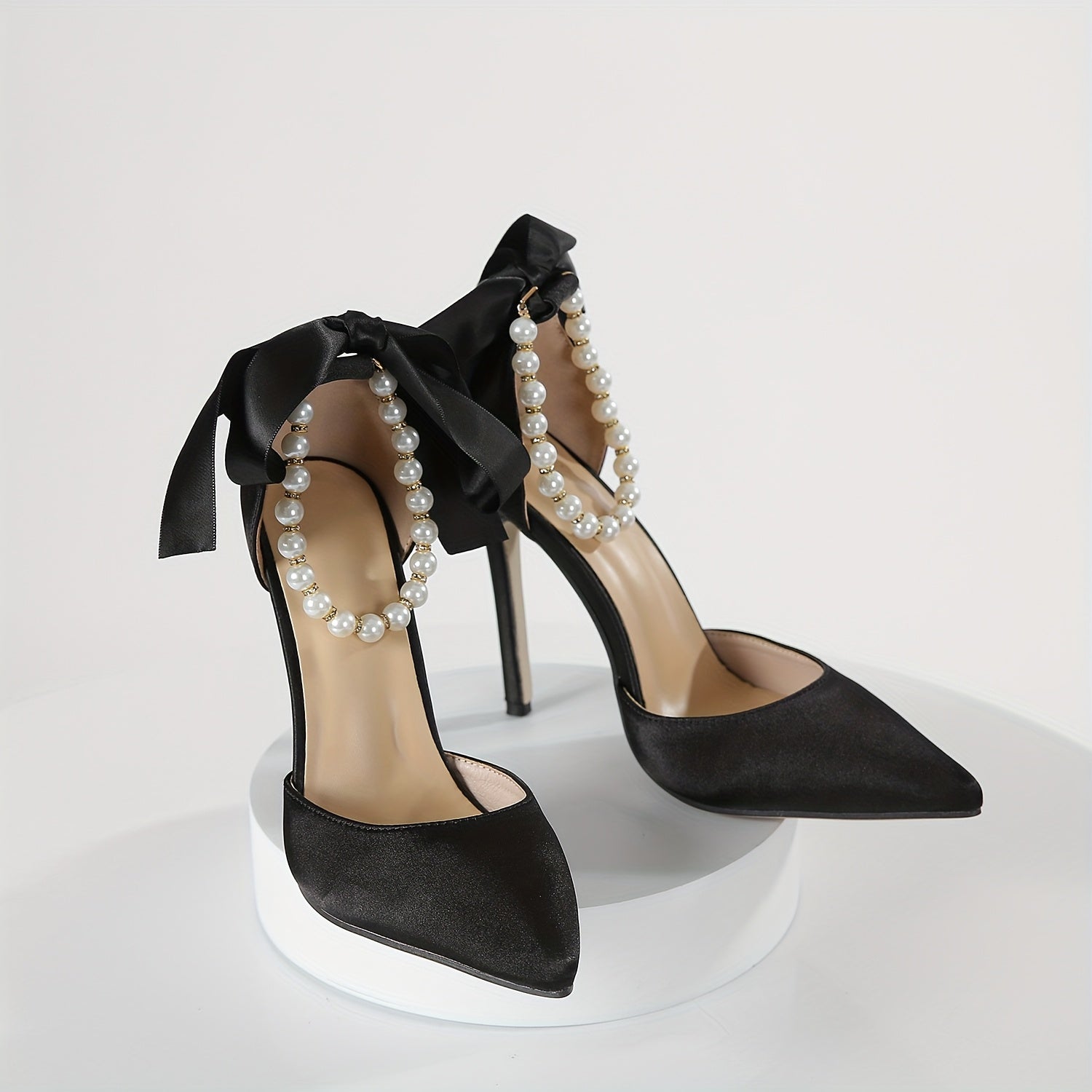 VougeVamp Elegant Satin Pointed-Toe High Heels with Faux Pearl & Bowknot – White Stiletto Wedding & Evening Shoes