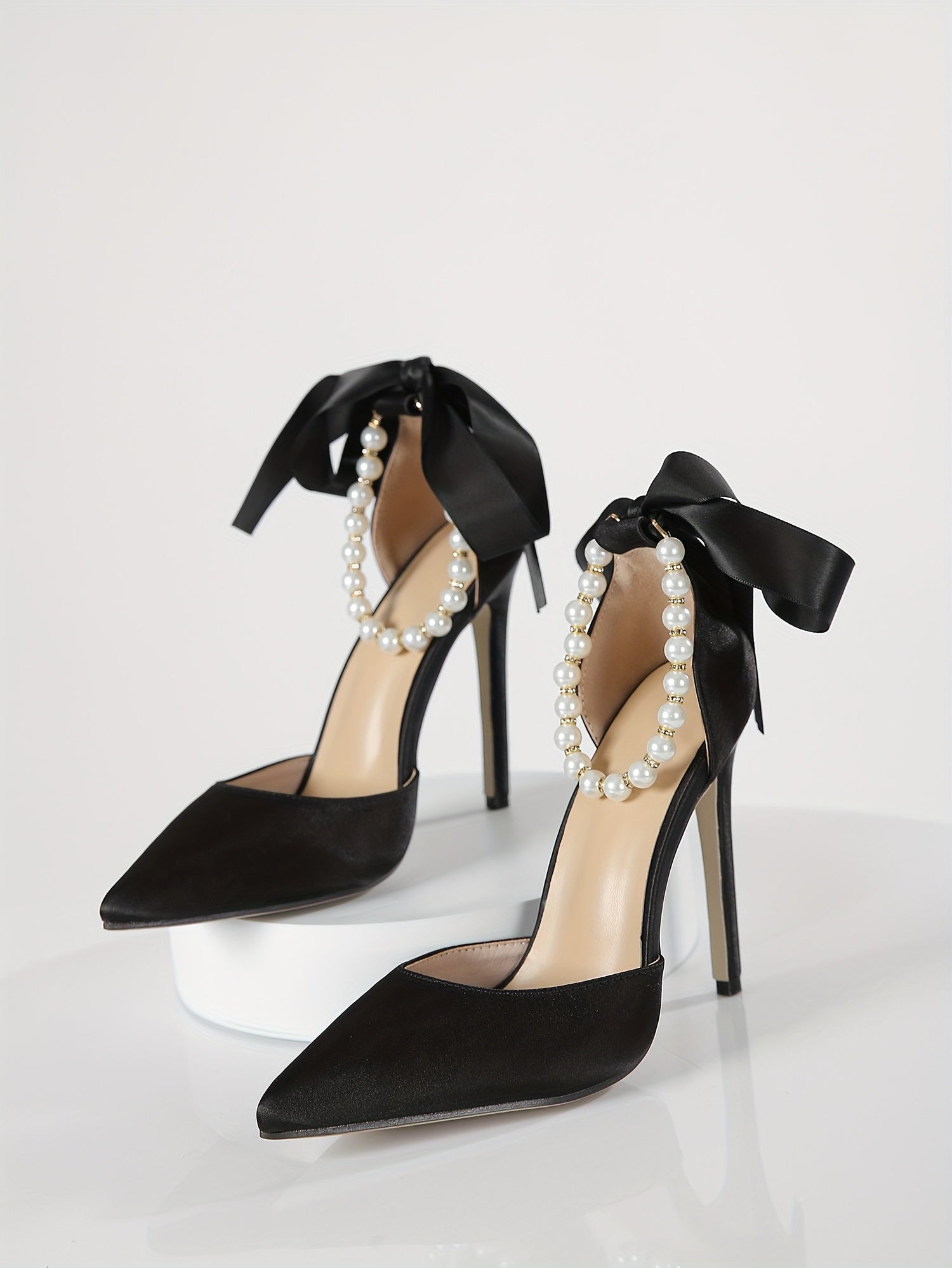 VougeVamp Elegant Satin Pointed-Toe High Heels with Faux Pearl & Bowknot – White Stiletto Wedding & Evening Shoes